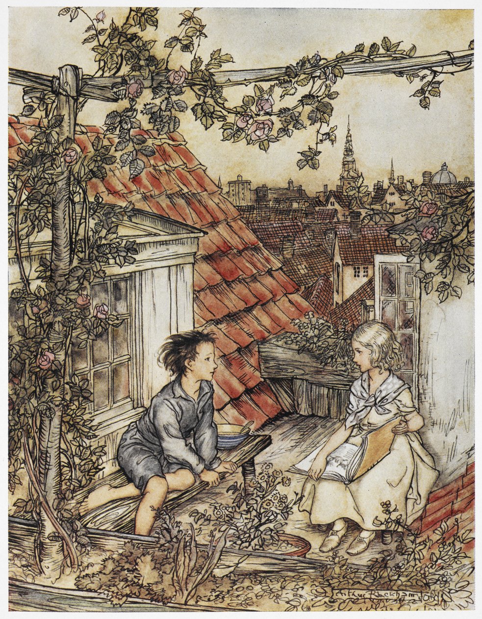 "Kay und Gerda in ihrem Garten hoch oben auf dem Dach". Zwei Kinder sitzen auf dem Dach eines Hauses. Illustration für 