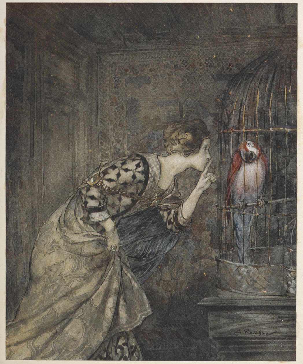 May Colvin und ein Papagei in einem Käfig. von Arthur Rackham