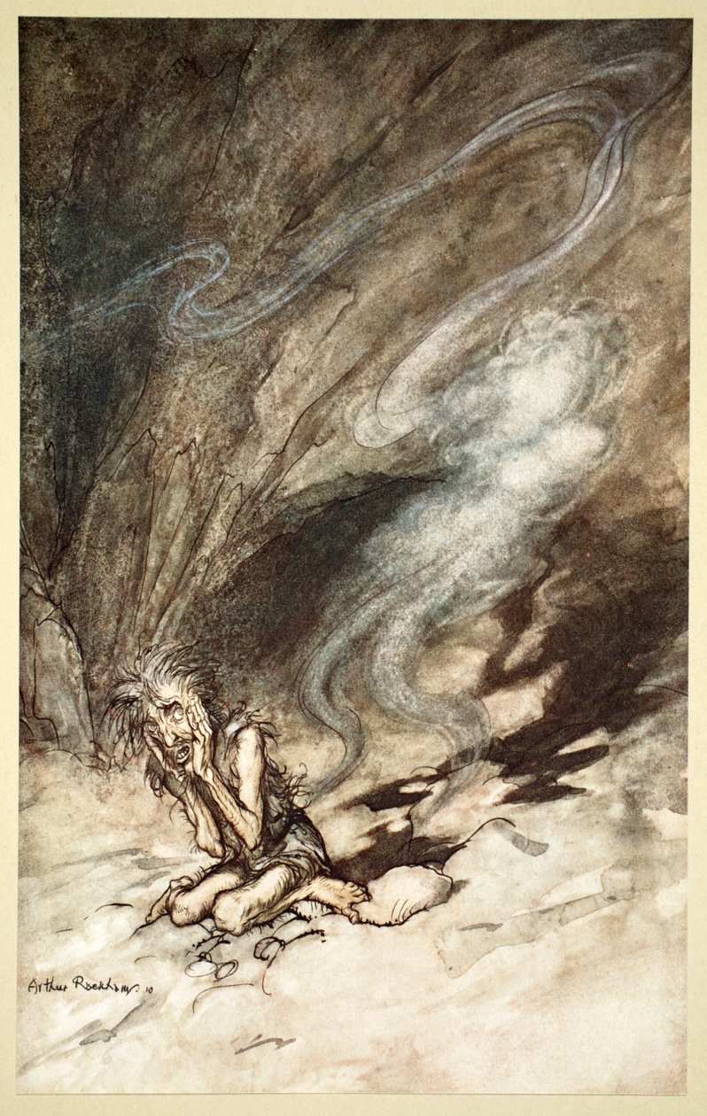 Mime windet sich unter den Schlägen, die er erhält, 1910 von Arthur Rackham