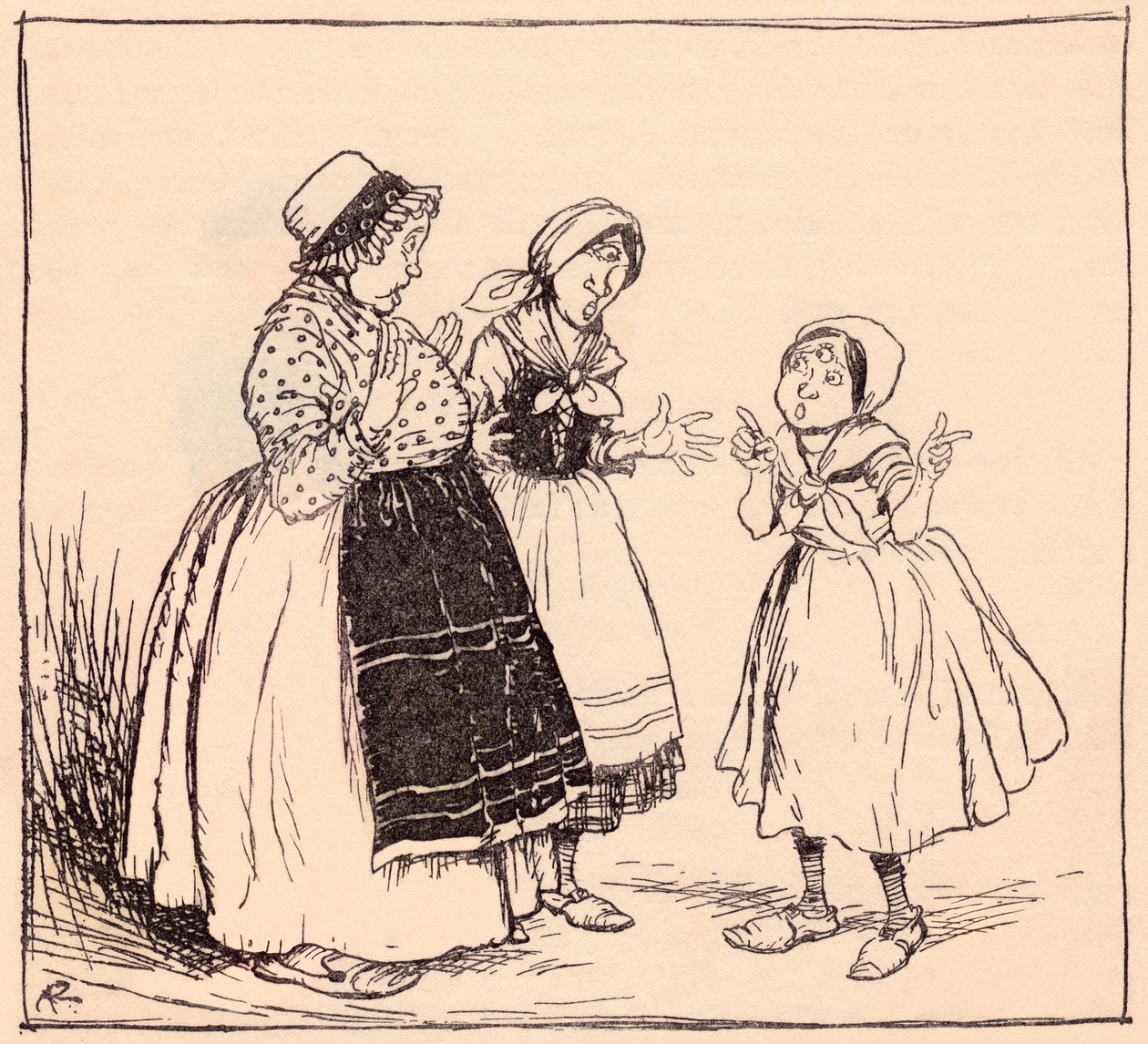 Jetzt weiß ich, warum dieses eingebildete Ding dort nicht isst. Illustration von Arthur Rackham aus Grimms Märchen Einäuglein, Zweiäuglein und Dreiäuglein. von Arthur Rackham