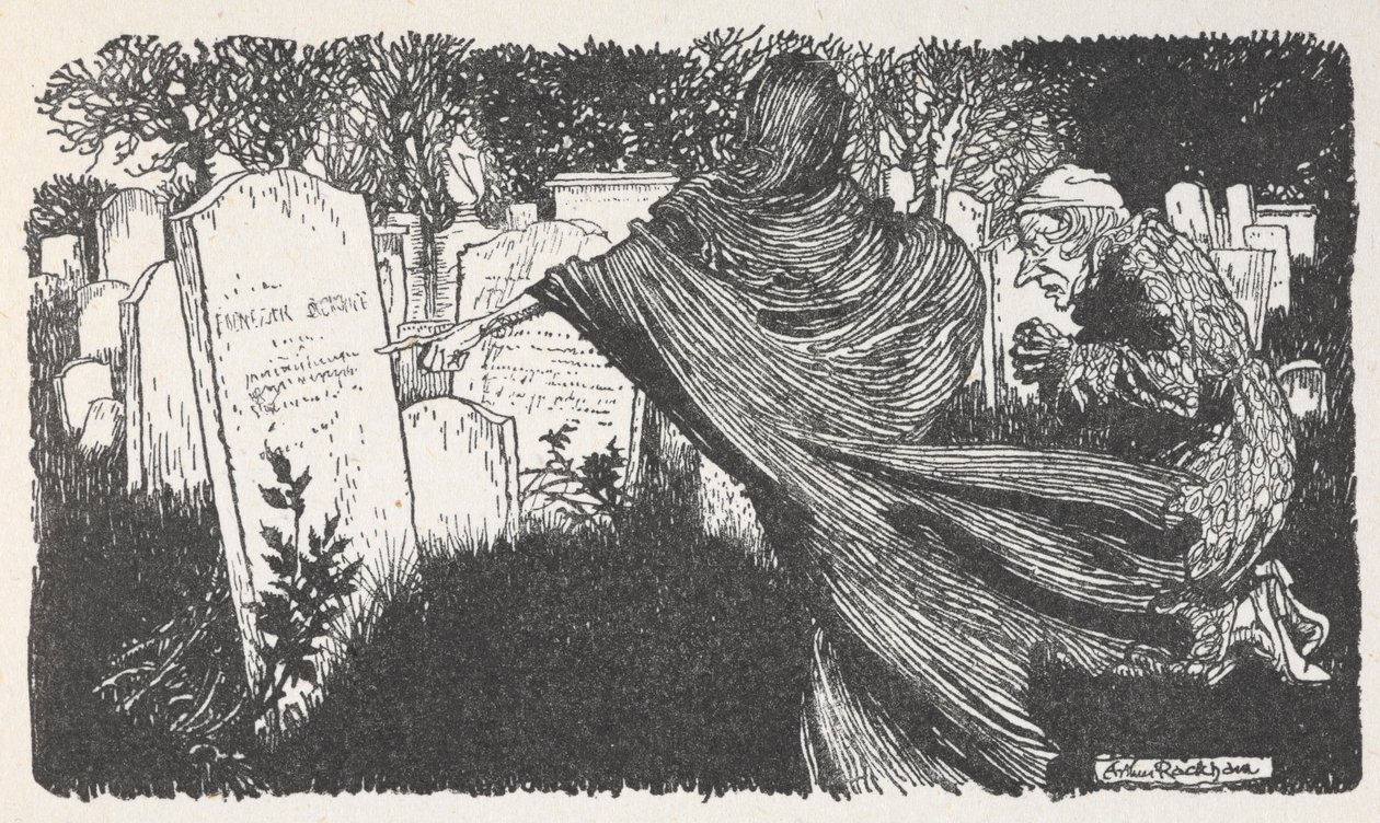 Scrooge und ein Geist auf einem Friedhof bei Nacht. von Arthur Rackham