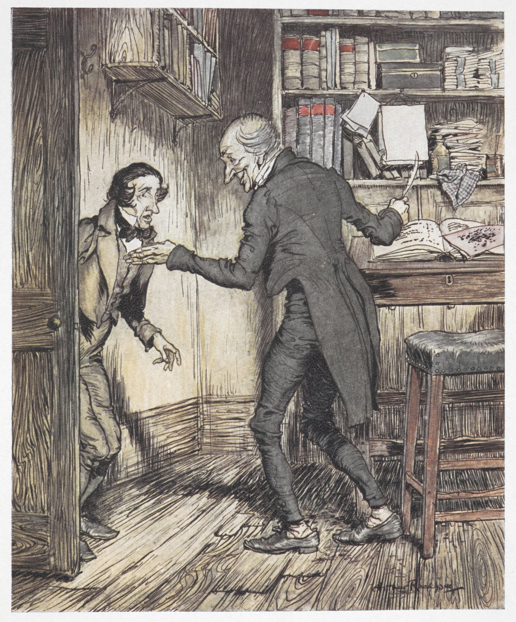 Scrooge schreibt in seinem Büro, als ein anderer Mann eintritt von Arthur Rackham