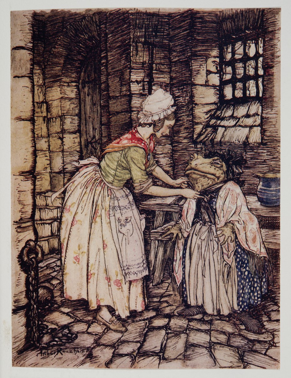 Sie arrangierte das Tuch mit einem professionellen Faltenwurf und band die Bänder der rostigen Haube unter seinem Kinn, aus Wind in den Weiden von Kenneth Grahame (1859 - 1932), veröffentlicht 1940 von Arthur Rackham