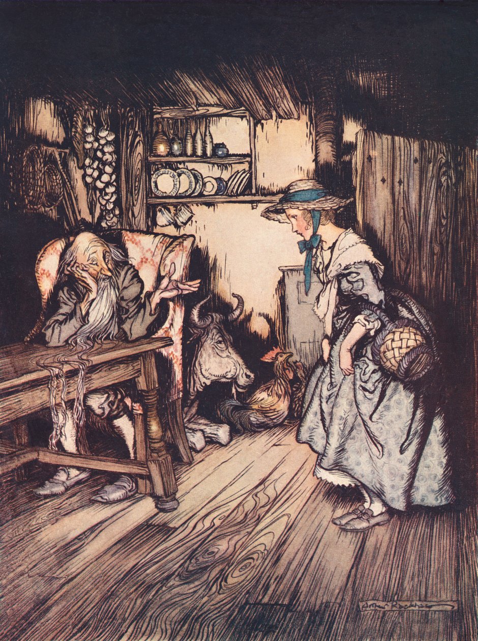 Sie bat ganz hübsch, dort übernachten zu dürfen. Illustration von Arthur Rackham aus Grimms Märchen, Die Hütte im Wald, veröffentlicht Ende des 19. Jahrhunderts. von Arthur Rackham
