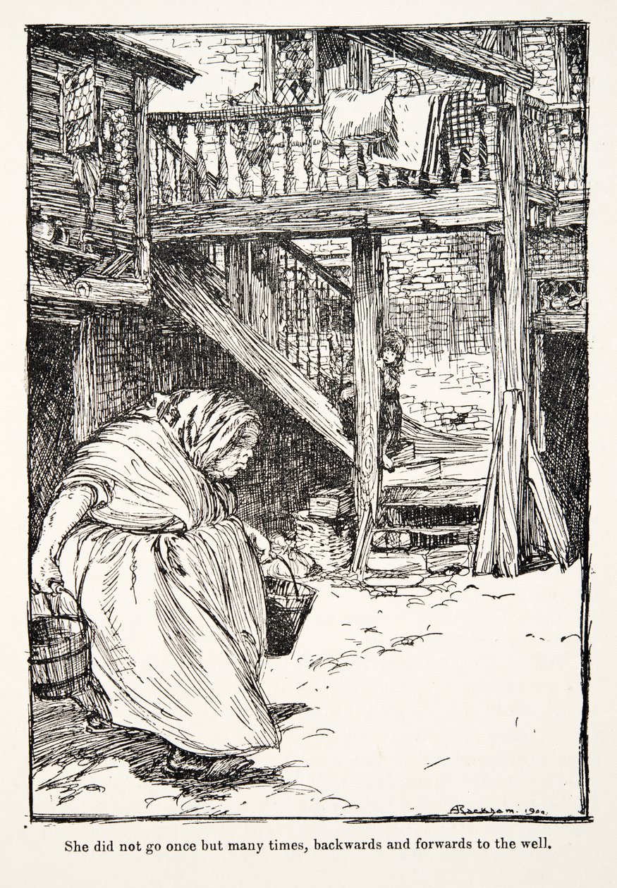 Sie ging nicht nur einmal, sondern viele Male hin und her zum Brunnen (aus den Märchen der Brüder Grimm) von Arthur Rackham