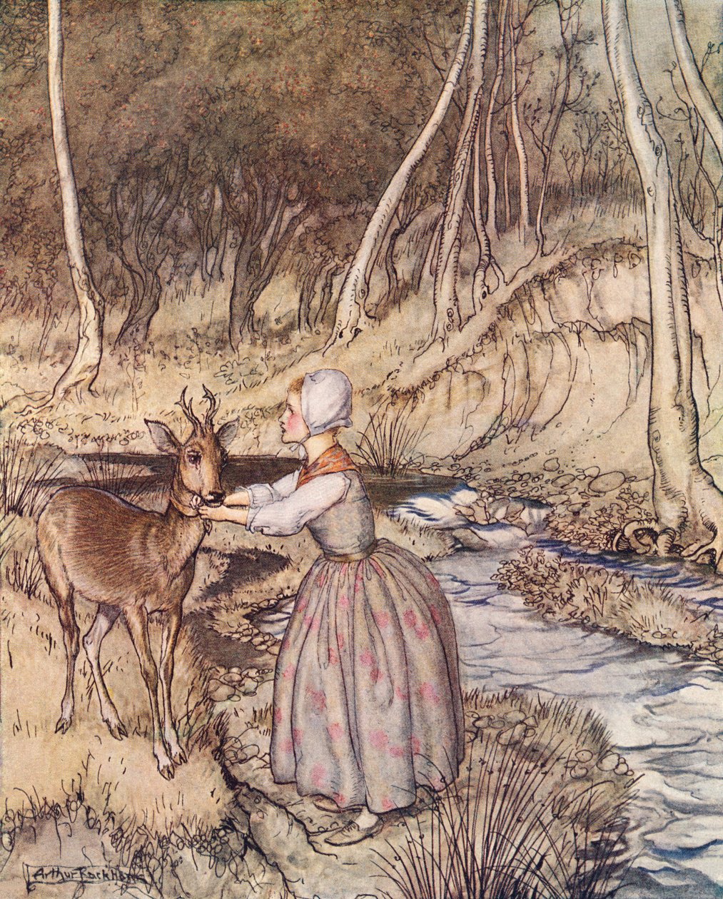 Sie nahm ihr goldenes Strumpfband ab und legte es um den Hals des Rehbocks. Illustration von Arthur Rackham aus Grimms Märchen, Brüderchen und Schwesterchen, veröffentlicht Ende des 19. Jahrhunderts. von Arthur Rackham