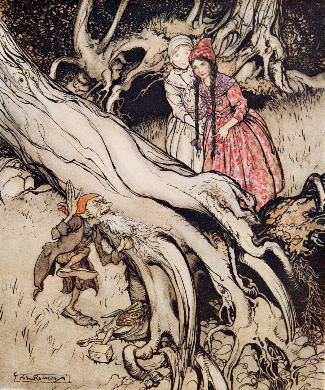 Schneeweißchen und Rosenrot, aus Brüderchen und Schwesterchen und andere Märchen der Brüder Grimm, veröffentlicht 1917 von Arthur Rackham
