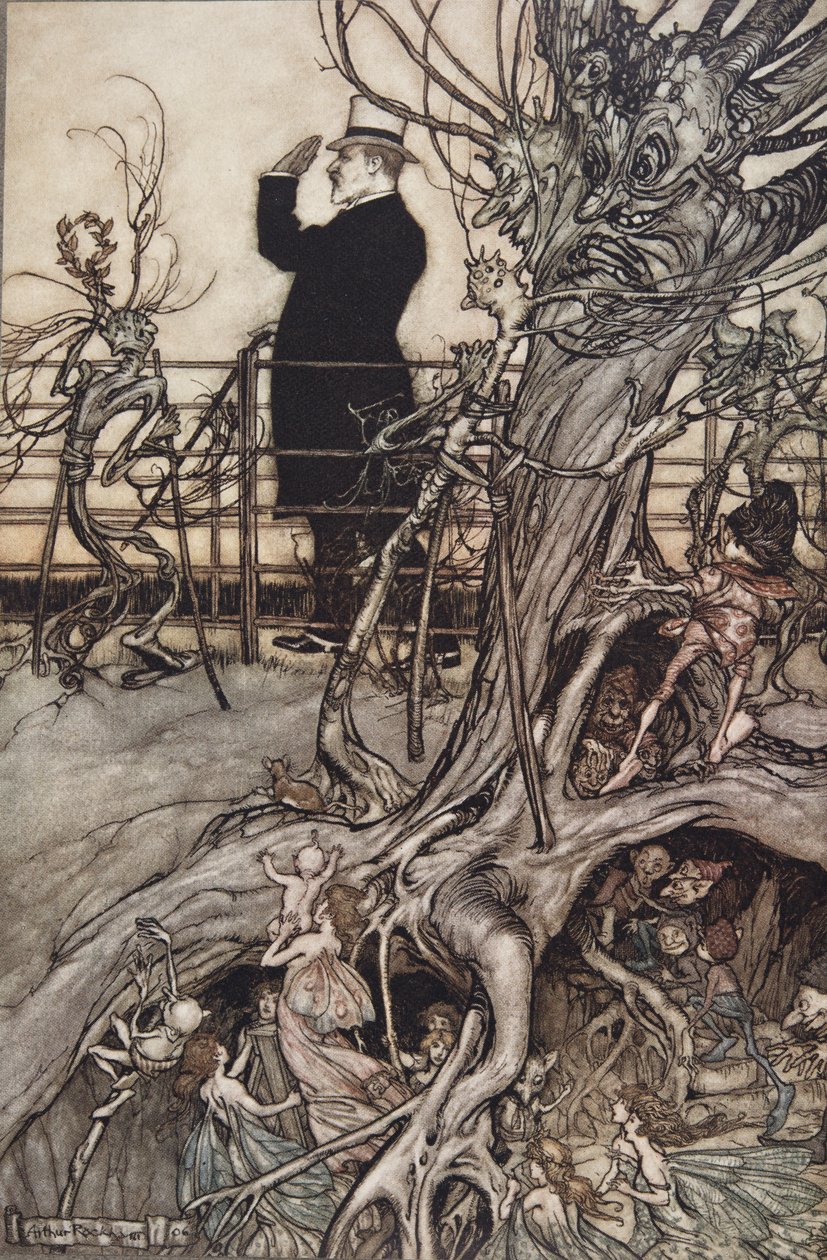 Die Kensington-Gärten sind in London, wo der König lebt, aus Peter Pan in Kensington Gardens von J. M. Barrie, veröffentlicht 1906 von Arthur Rackham