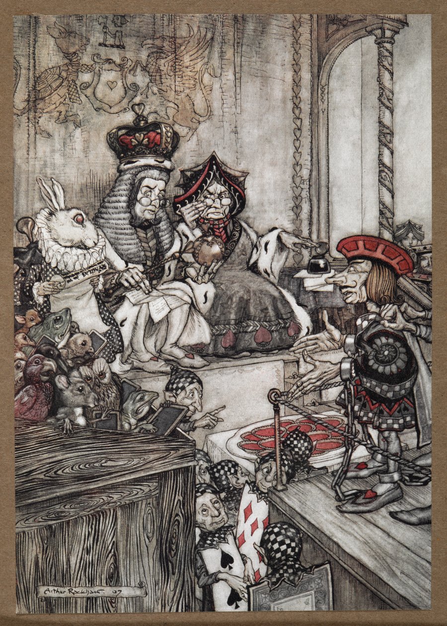 Der Herzbube im Dock vor der Herz-Königin und dem Herz-König, beschuldigt, die Törtchen gestohlen zu haben von Arthur Rackham