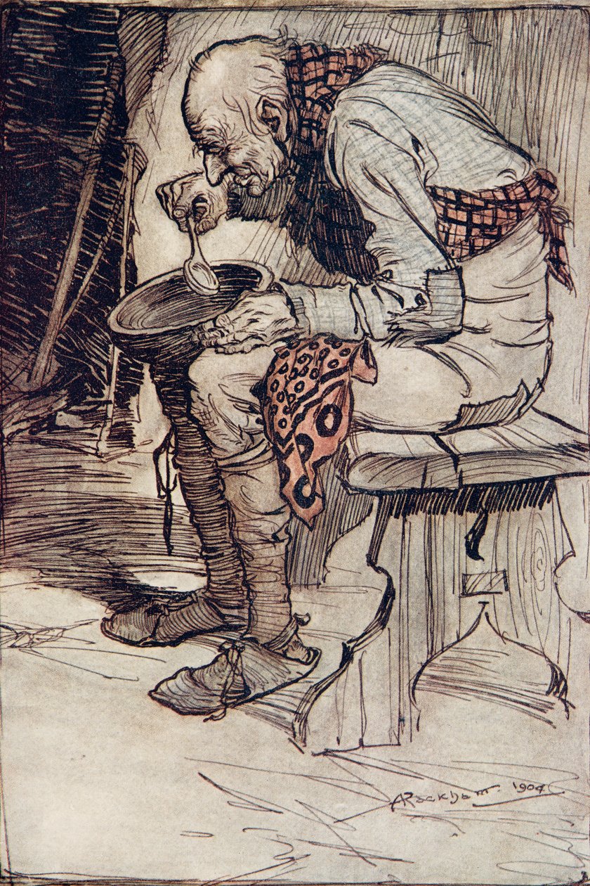 Der alte Mann musste allein sitzen und aß sein Essen aus einer Holzschale, aus Die Märchen der Brüder Grimm, veröffentlicht 1909 von Arthur Rackham