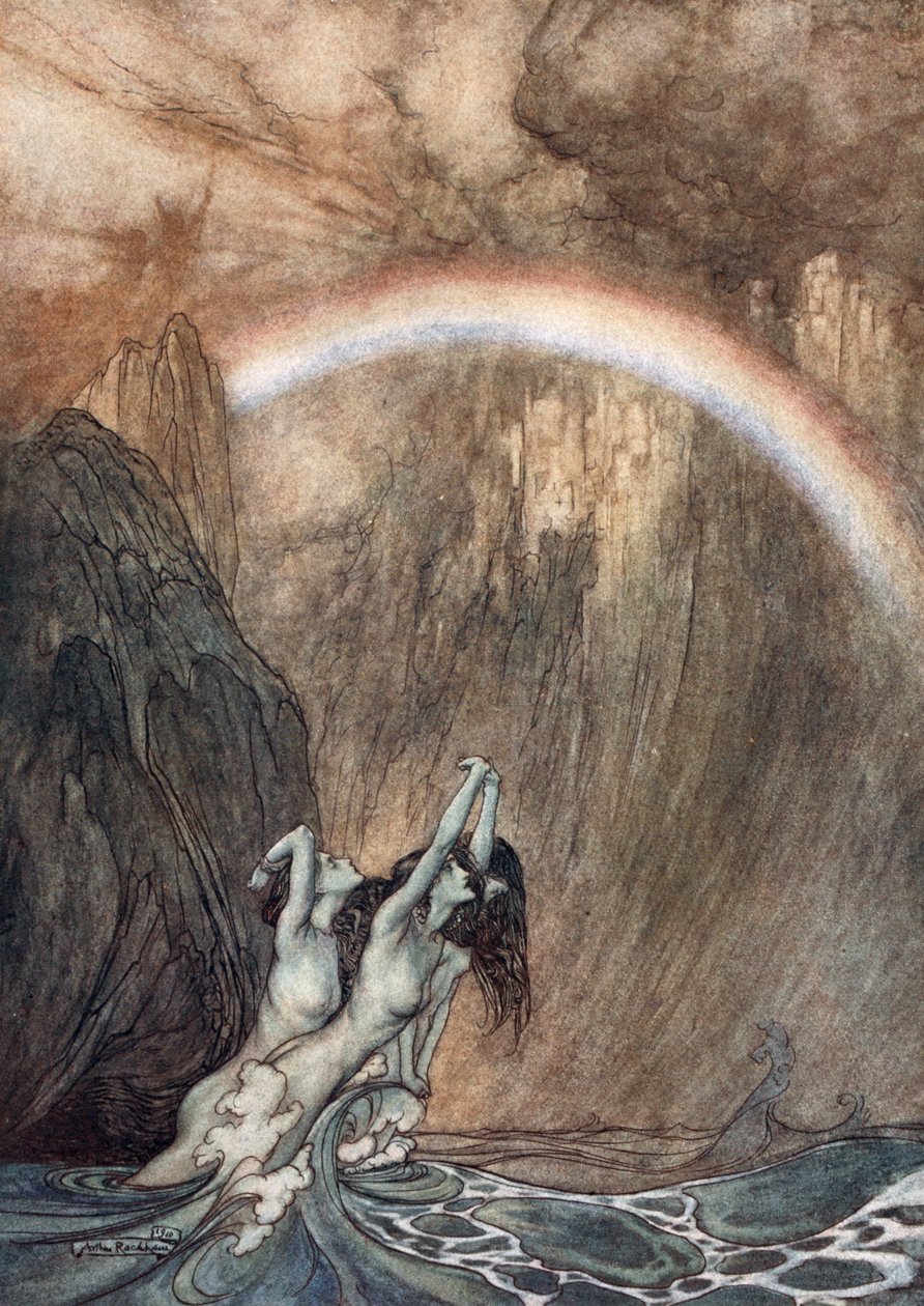 Die schönen Kinder des Rheins, die ihren verlorenen Schatz beklagen, weinen, 1910 von Arthur Rackham