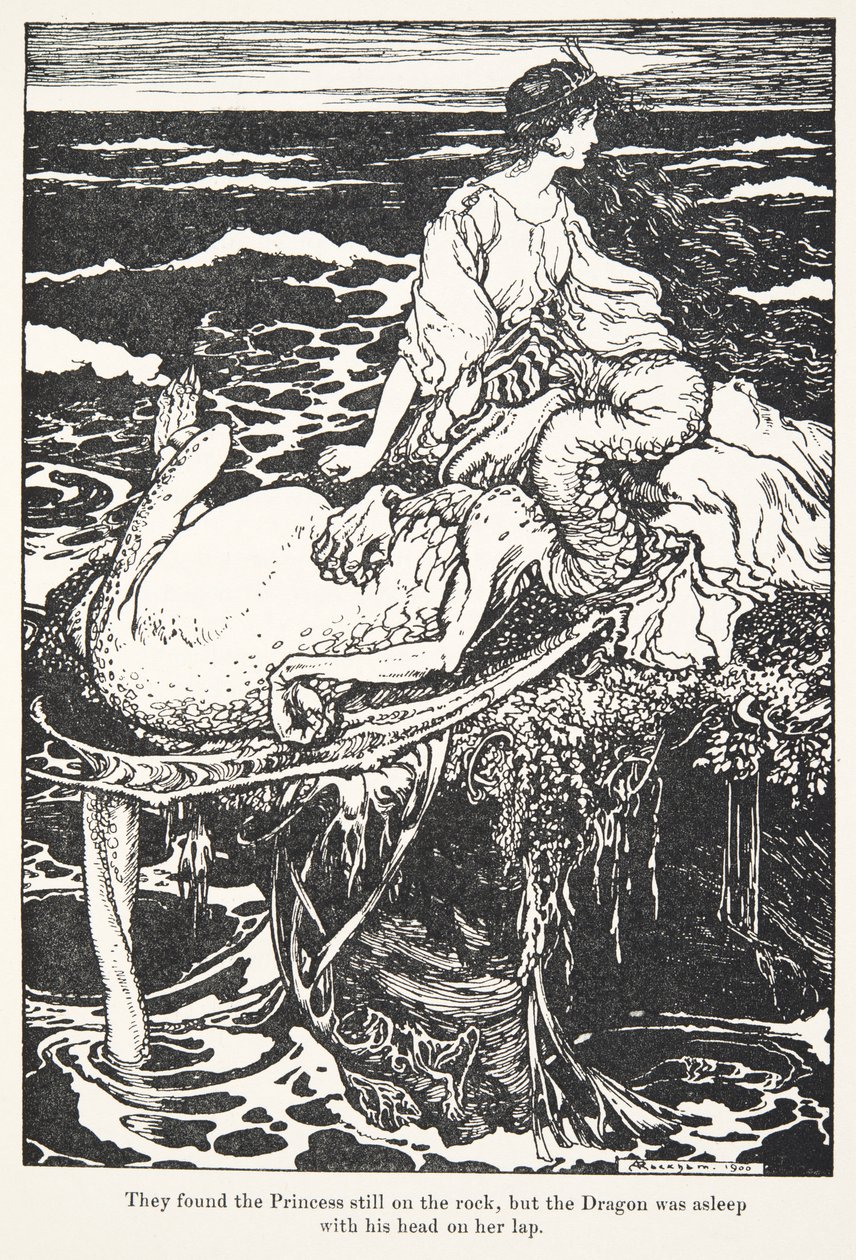 Sie fanden die Prinzessin noch auf dem Felsen, aber der Drache schlief mit seinem Kopf auf ihrem Schoß, aus den Märchen der Brüder Grimm, veröffentlicht 1909 von Arthur Rackham