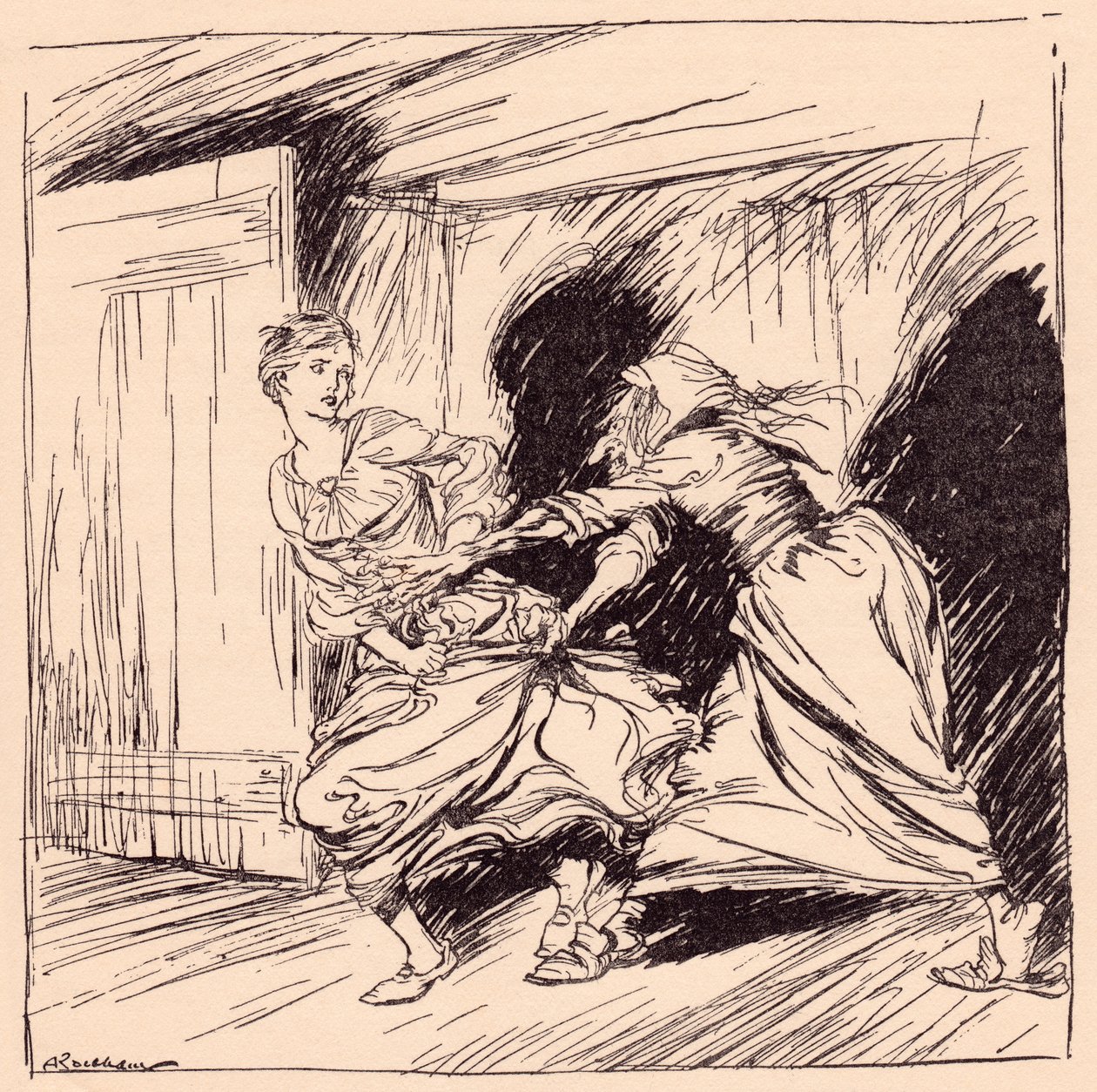 Die alte Frau packte sie am Kleid und versuchte, sie festzuhalten. Illustration von Arthur Rackham aus Grimms Märchen, Der verzauberte Baum. von Arthur Rackham