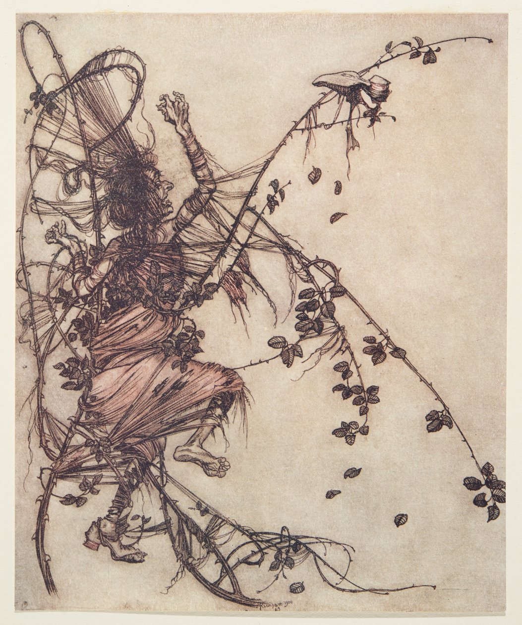 Je schneller er spielte, desto höher musste sie springen, aus den Märchen der Brüder Grimm, veröffentlicht 1909 von Arthur Rackham