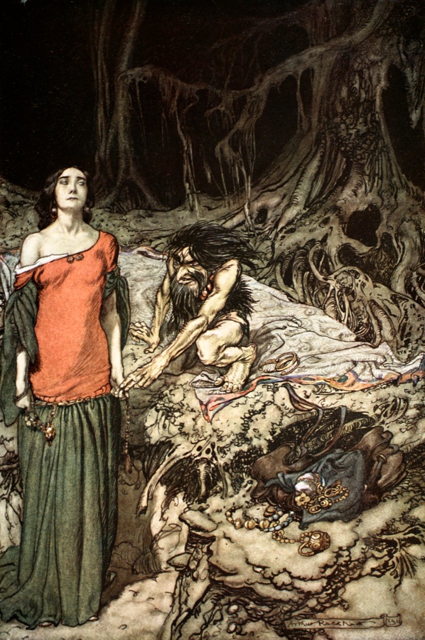 Das Werben um Grimhilde, die Mutter von Hagen von Arthur Rackham