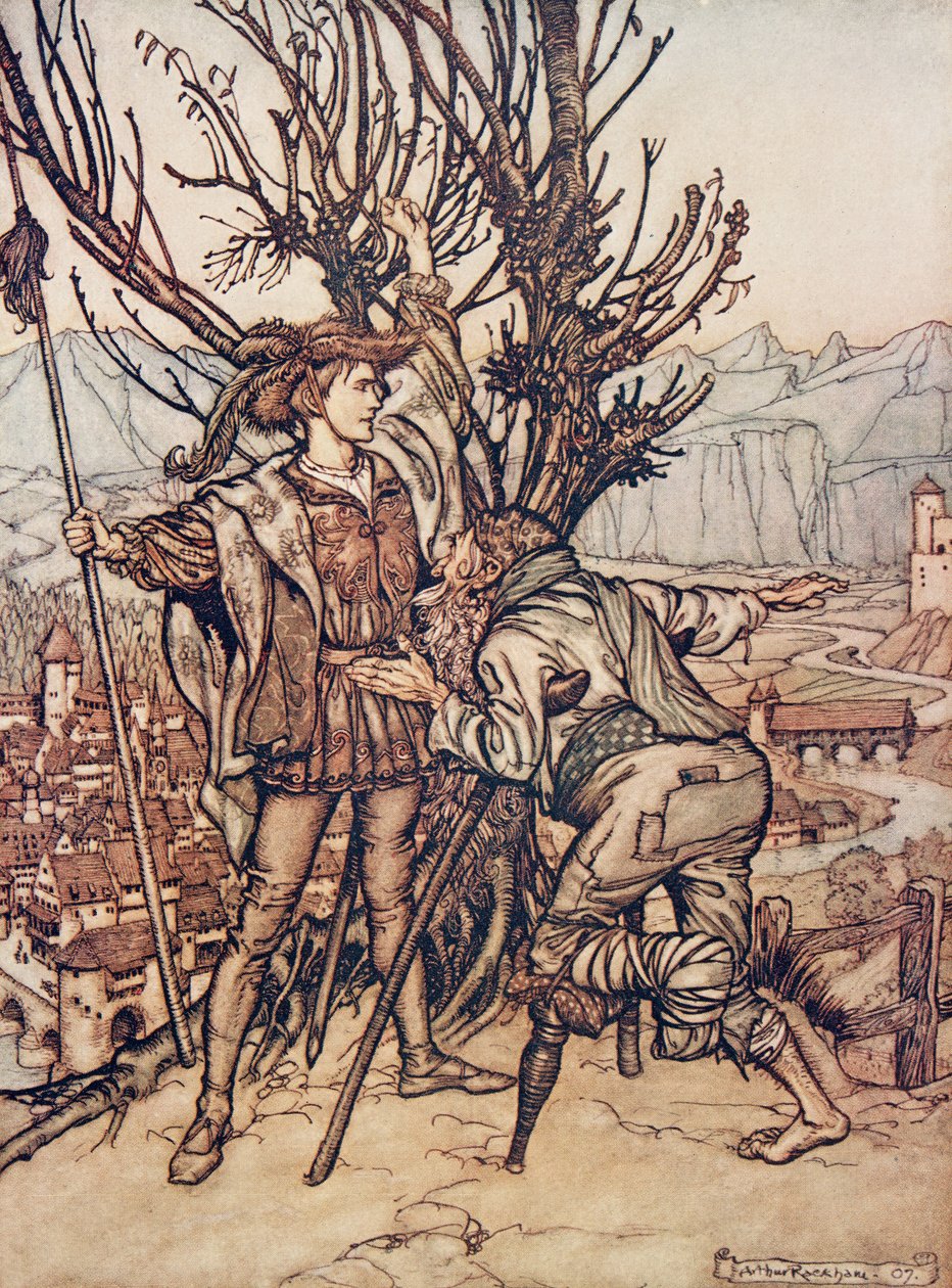 Der junge Prinz sagte: Ich habe keine Angst; ich bin entschlossen, die schöne Dornröschen zu sehen, aus Die Märchen der Brüder Grimm, veröffentlicht 1909 von Arthur Rackham
