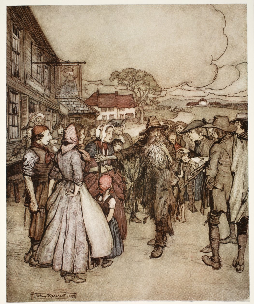 Sie drängten sich um ihn und betrachteten ihn von Kopf bis Fuß mit großer Neugier., aus Rip Van Winkle von Washington Irving, veröffentlicht 1910 von Arthur Rackham