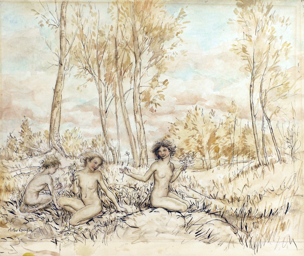 Drei Waldnymphen sammeln Blumen von Arthur Rackham