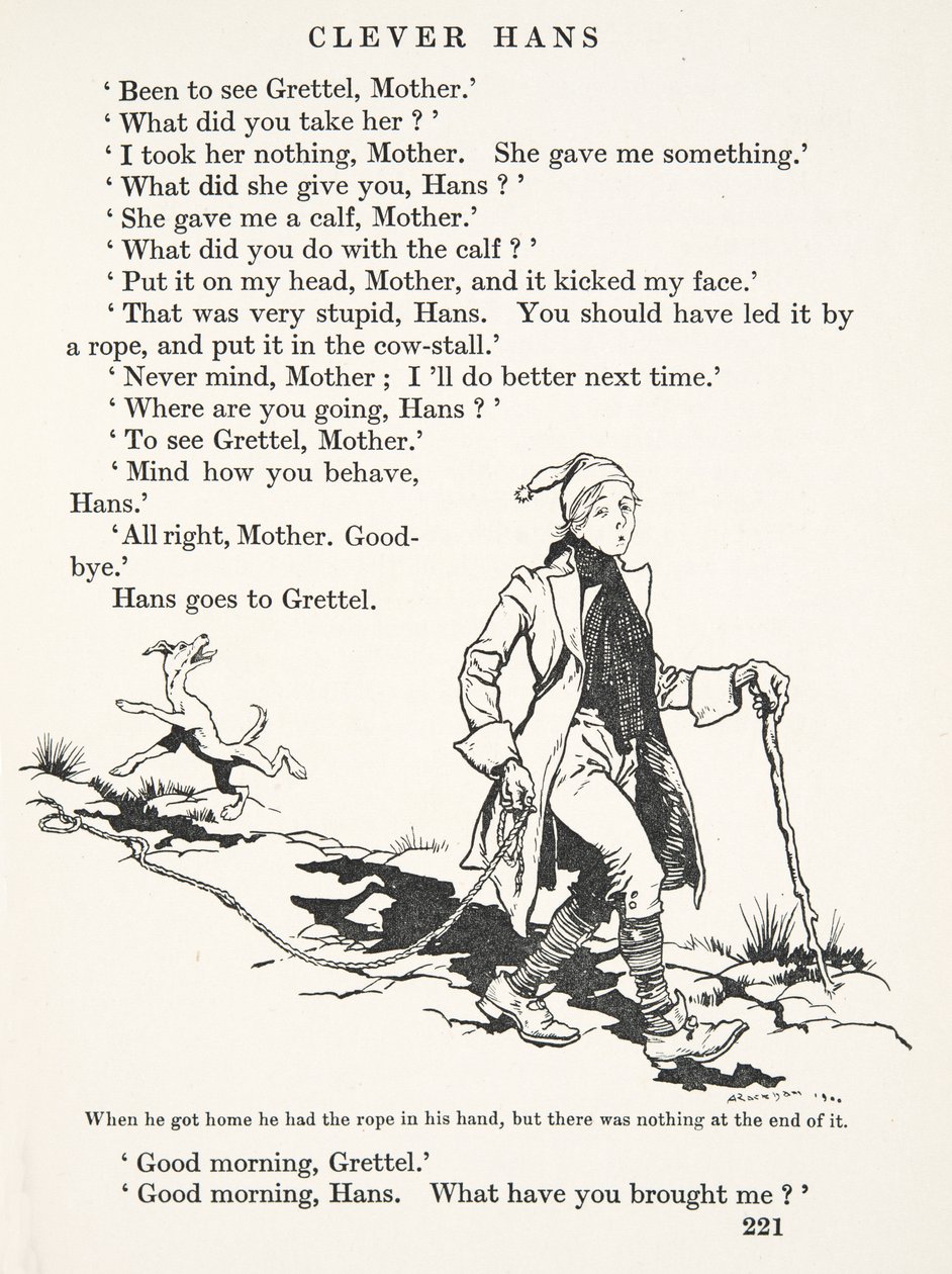 Als er nach Hause kam, hatte er das Seil in der Hand, aber es war nichts daran, aus Die Märchen der Brüder Grimm, veröffentlicht 1909 von Arthur Rackham
