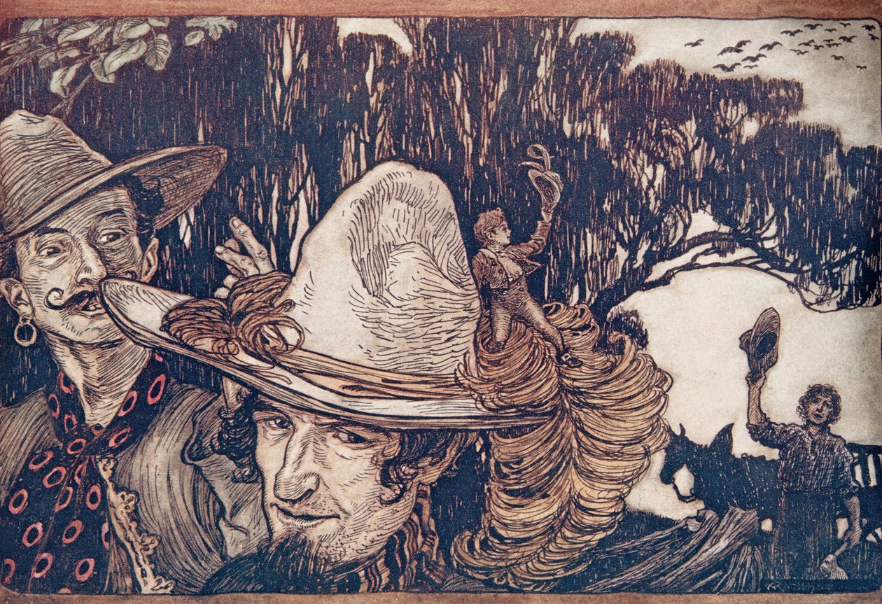 Als Tom sich von seinem Vater verabschiedet hatte, gingen sie mit ihm weg, aus Die Märchen der Brüder Grimm, veröffentlicht 1909 von Arthur Rackham