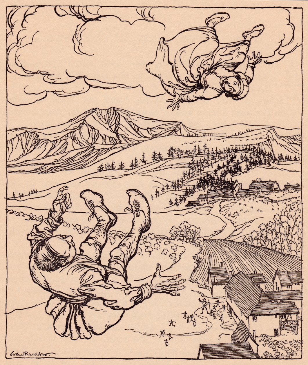 Als ihr Mann sie sah, rief er: Hi! komm zu mir hierher. Illustration von Arthur Rackham aus Grimms Märchen Der junge Riese. von Arthur Rackham
