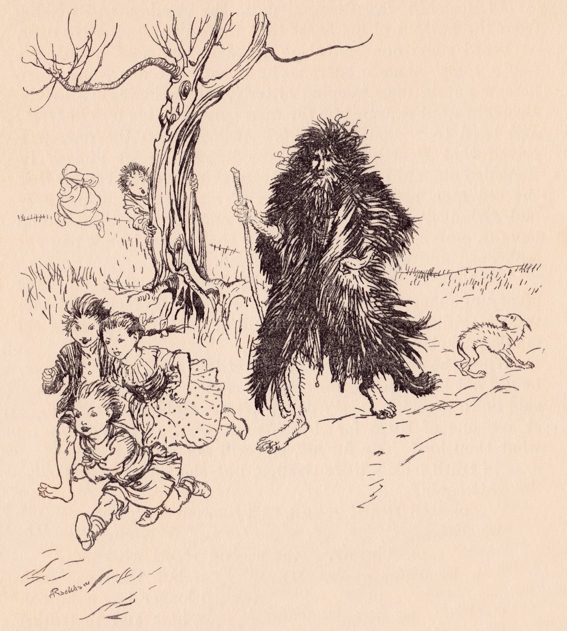 Wer ihn sah, rannte weg. Illustration von Arthur Rackham aus Grimms Märchen Bärenhäuter. von Arthur Rackham