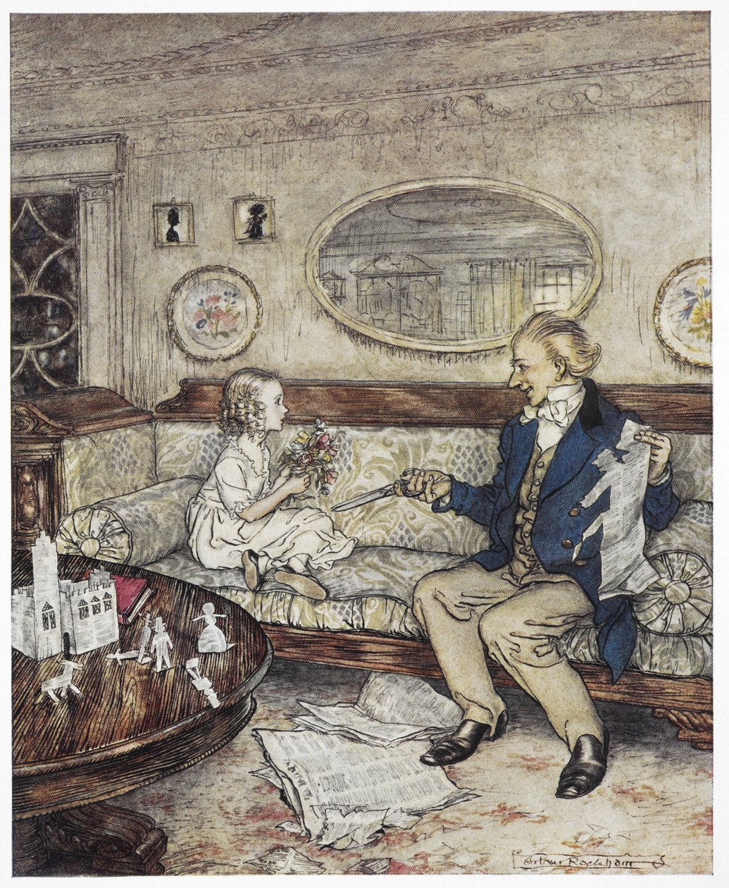 "Warum sehen meine Blumen heute so verblasst aus"? Farbige Illustration eines jungen Mädchens, Ida, die auf einem Sofa sitzt, mit einem jungen Mann, einem Studenten, der eine Schere hält. von Arthur Rackham
