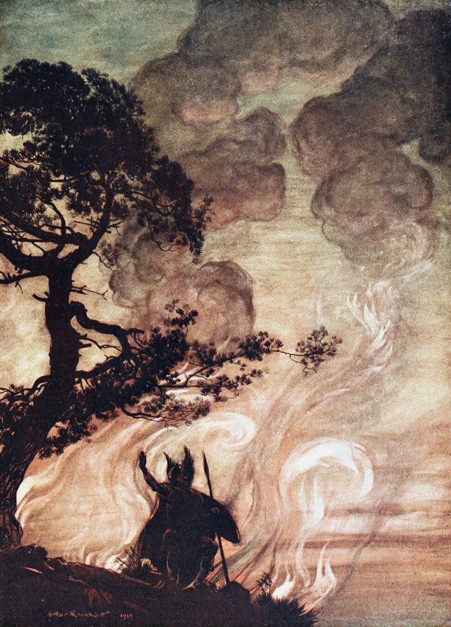 Wotan dreht sich um und blickt traurig auf Brünnhilde zurück. Illustration für Das Rheingold und Die Walküre von Arthur Rackham