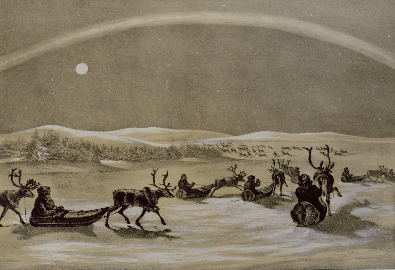 Eine außergewöhnliche Erscheinung der Nordlichter über einer Rentierherde eines Lappen, die den Jerdis Javri überquert, aus Winter Sketches in Lapland, graviert von James Duffield Harding (1798-1863) 1825 von Arthur de Capell Brooke