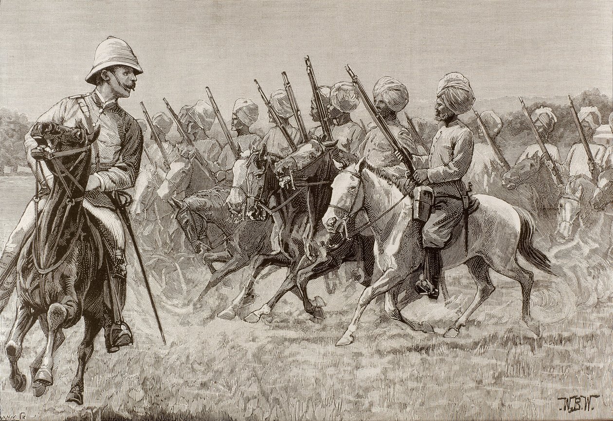 Britisches Empire (19. Jh.). Die neuen Regimenter von Burma. Kompanie der berittenen Infanterie des zweiten Regiments. Gravur. von Artist Unknown
