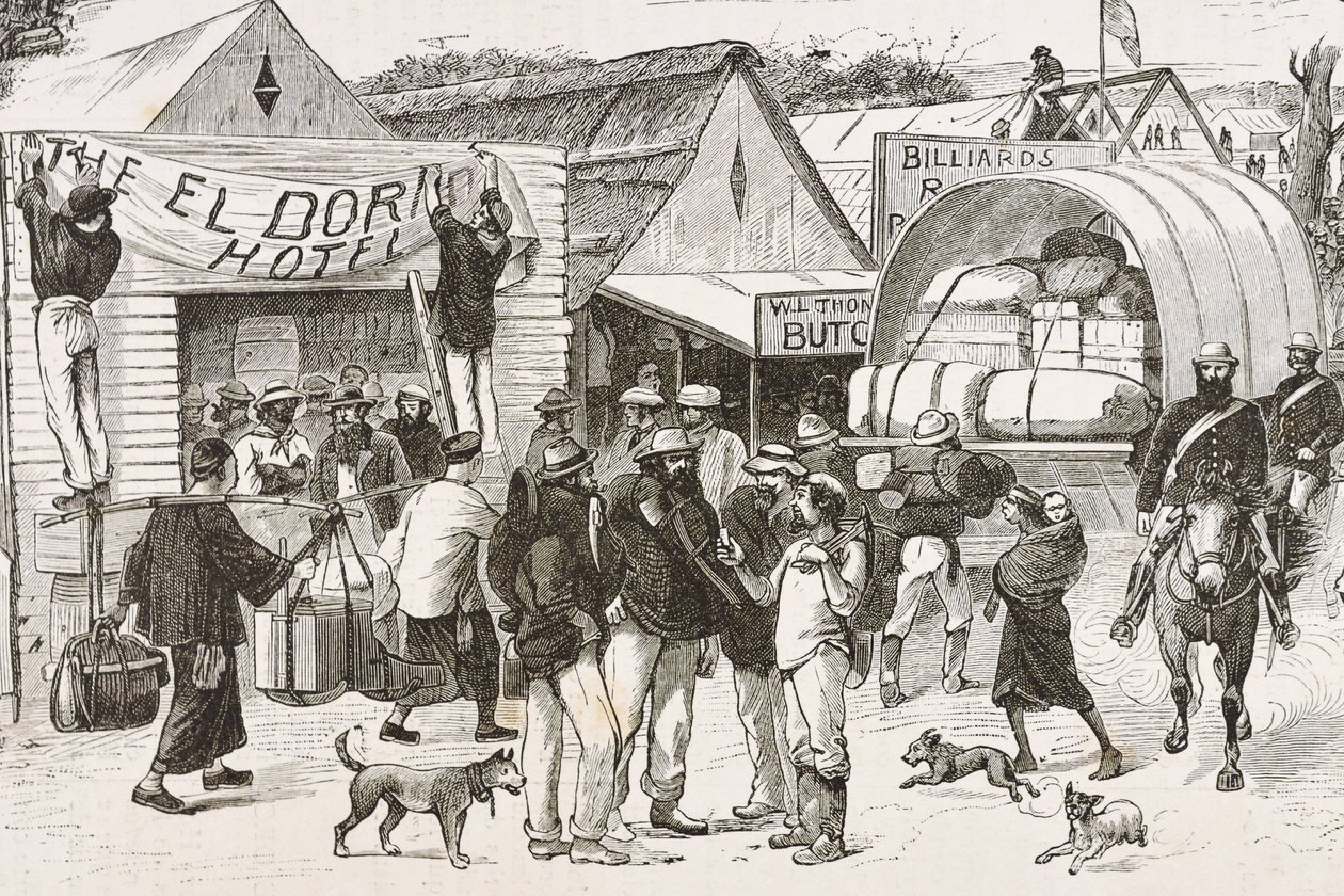 England (19. Jahrhundert). Kolonisation (1880). Das Leben der Goldgräber in Australien. Englische Kolonie Botany Bay (gegründet 1788), ursprünglich hauptsächlich von Kriminellen besiedelt, die zu Prospektoren und Händlern wurden. (Stich) von Artist Unknown