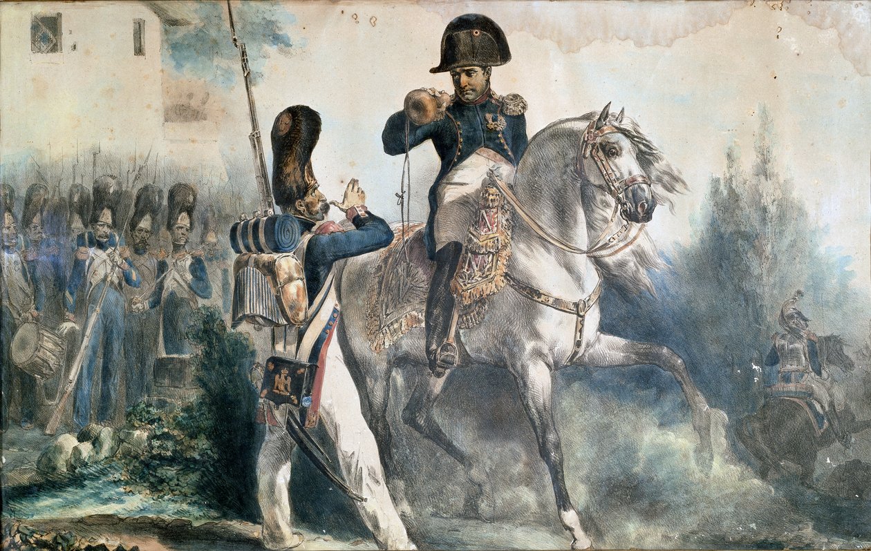 Napoleon I. Bonaparte: "Nach Ihnen, Sire" (farbiger Druck) von Artist Unknown