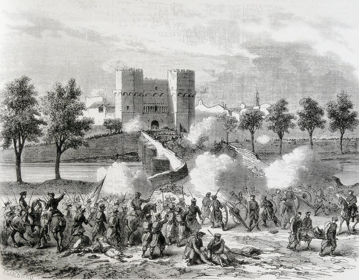 Spanien (1868). Glorreiche Revolution. Angriff der Regierungstruppen am Serrans-Tor in Valencia. Gravur aus „The Illustration. Jorinal Universal“. Radierung von Artist Unknown