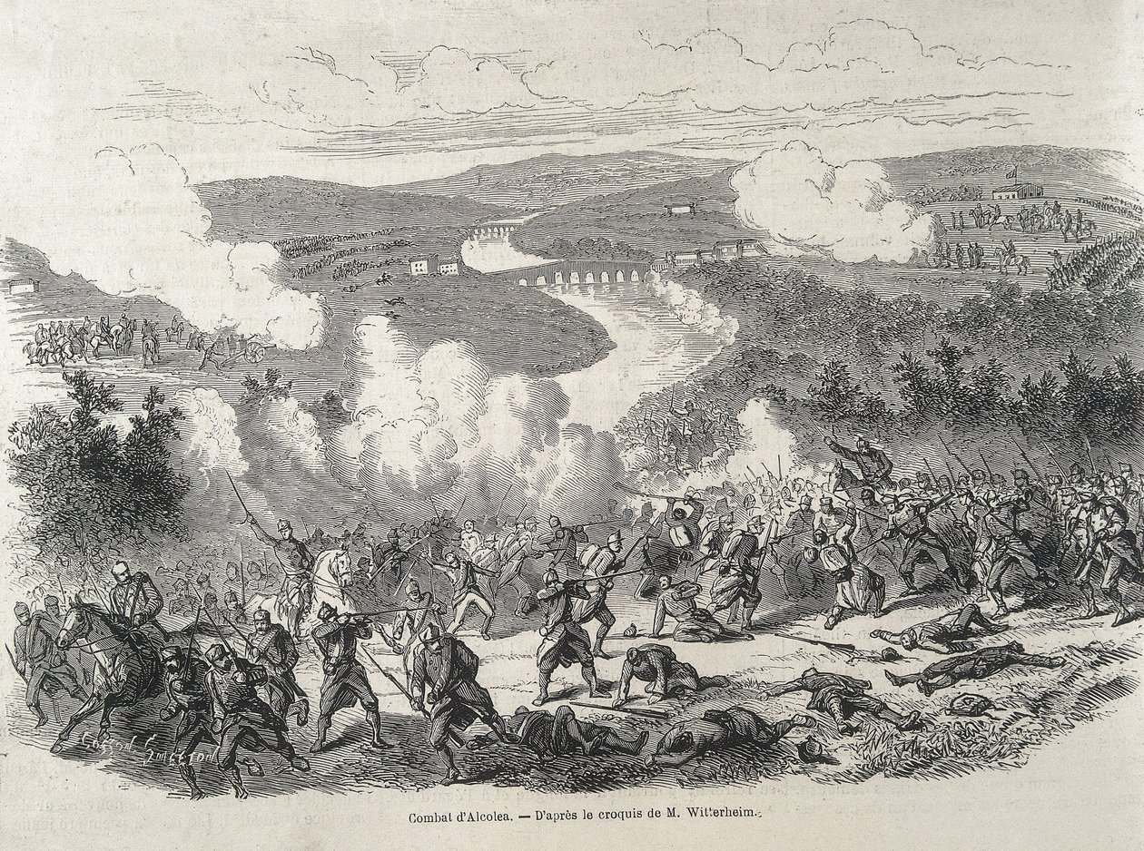 Spanien. Revolution von 1868. Schlacht von Alcolea (20. September), die zur Entthronung von Isabel II. führte. Gravur von Artist Unknown
