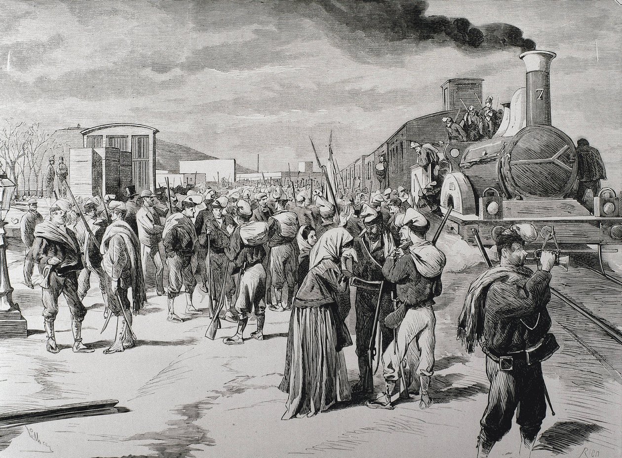 Spanien. Dritter Karlistenkrieg. Abmarsch eines Freikorps-Bataillons gegen die Karlisten aus Barcelona. Bild aus „La Ilustracion Española y Americana“ (8. April 1873). (Stich) von Artist Unknown