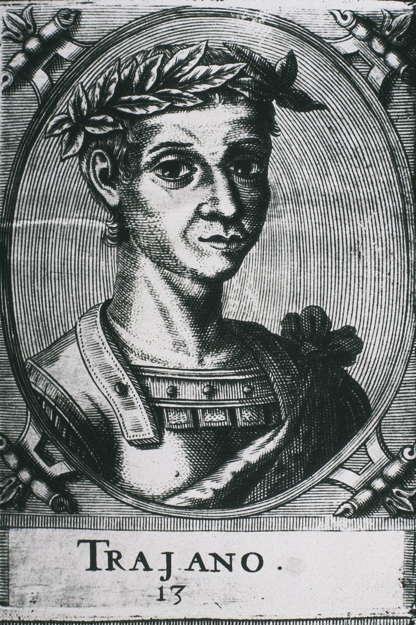 TRAJAN, Marcus Ulpius Traianus (53-117). Porträt von Trajan mit Lorbeeren. (Detail) von Artist Unknown
