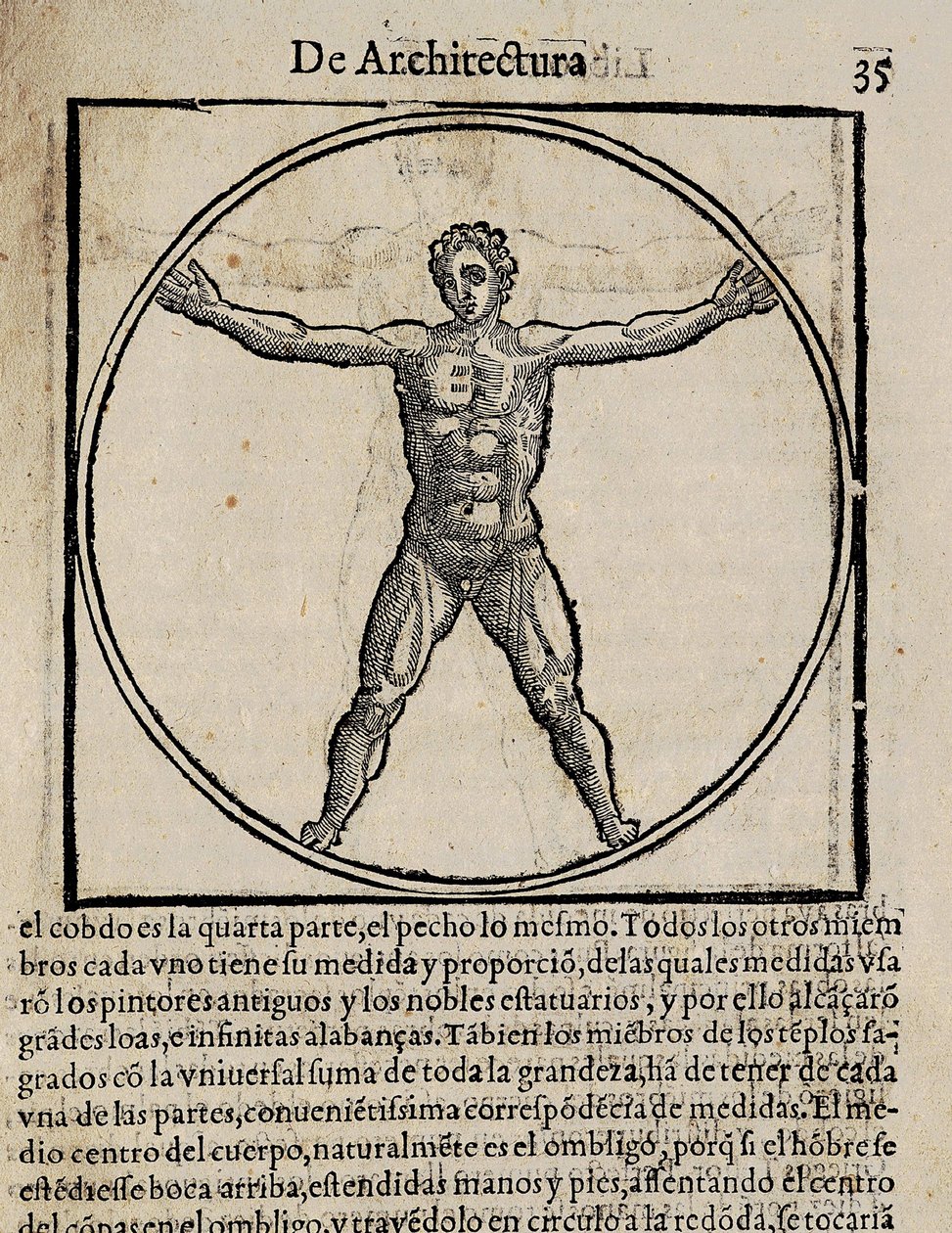 VITRUVIUS, Marcus Vitrubius Pollio (1. Jahrhundert v. Chr.). „De Architectura“ (Über Architektur), mit Übersetzung ins Spanische von Miguel de Urrea. Herausgegeben in Alcalá de Henares von Juan Gracián (1582). Illustration auf Seite 35 mit dem Kanon des me von Artist Unknown