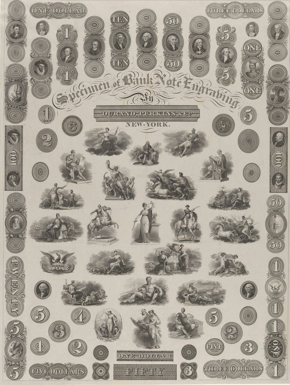 Musterblatt der Banknotengravur, ca. 1828 von Asher Brown Durand