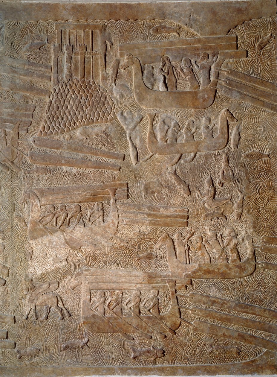 Kunst Mesopotamien (Assyrien): Hof des Palastes des Königs von Assyrien Sargon II. (721 - 705 v. Chr.) Transport von Zedernholz aus dem Libanon. Paris, Musée du Louvre von Assyrian