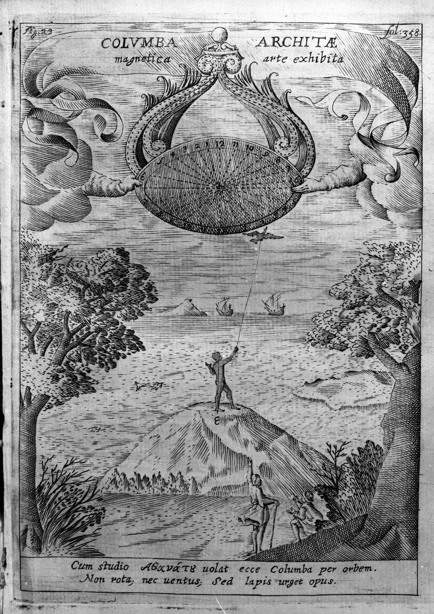 Archytas von Tarent (435-347 v. Chr.) fliegt eine hölzerne Taube. Gravur aus „Mundus Subterraneus“ von Athanasius Kircher (1601-1680), Jesuit, Orientalist und Gelehrter von Athanasius Kircher