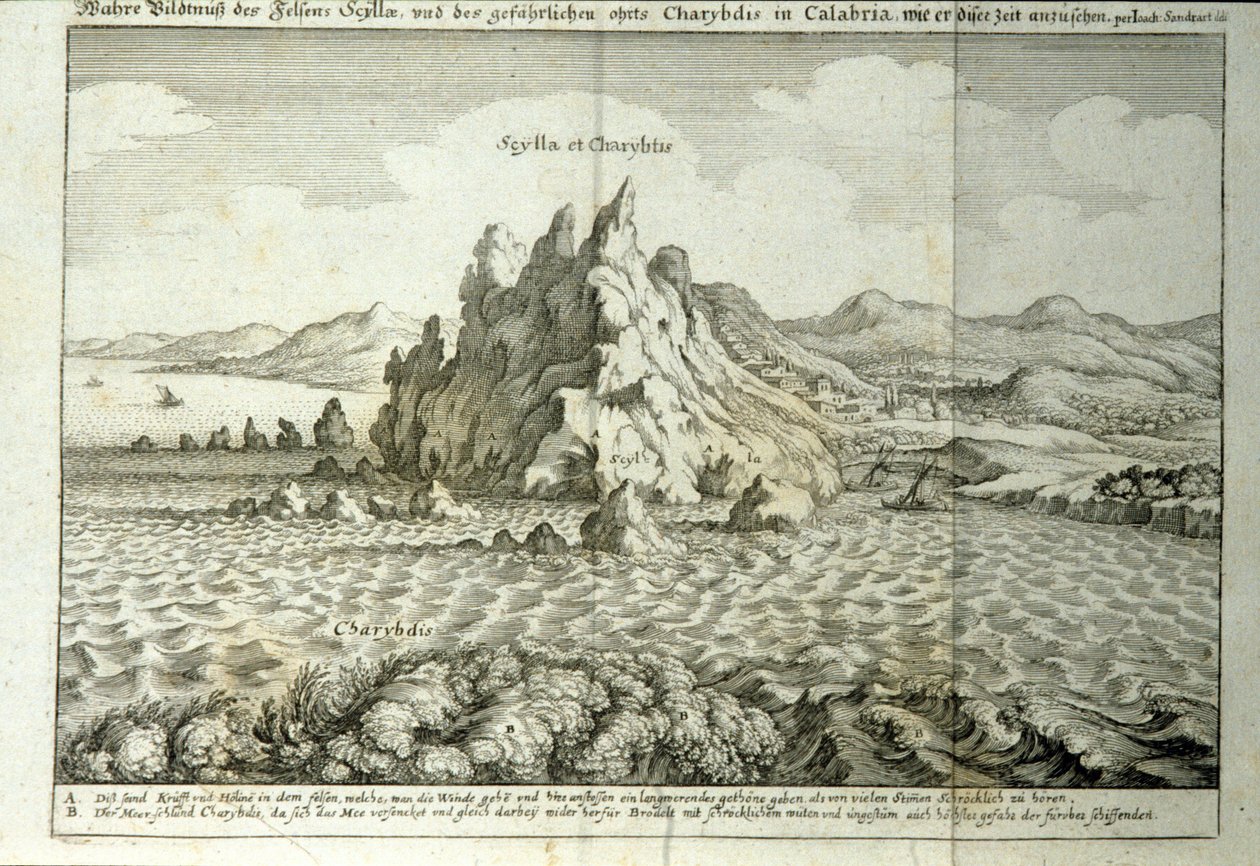 Ansicht der Felsen von Charybdis und Scylla in der Straße von Messina, Sizilien. Gravur aus „Mundus Subterraneus“ von Athanasius Kircher (1601-1680), Jesuit, Orientalist und Gelehrter 1682 von Athanasius Kircher