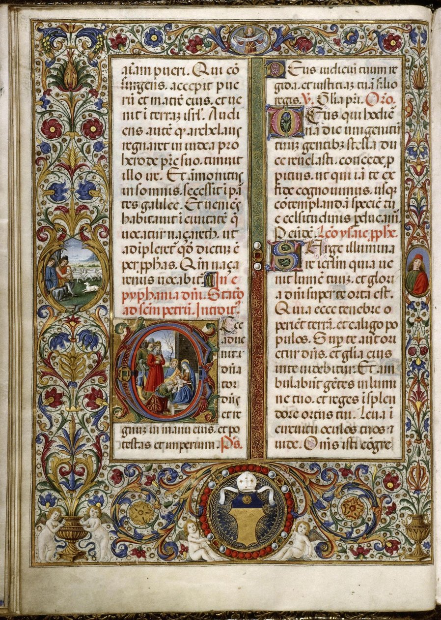 Missel de Thomas James: Seite mit einer Lettrine: die Anbetung der Könige und ein Medaillon im Rand: die Hirten der Verkündigung. von Attavante degli Attavanti