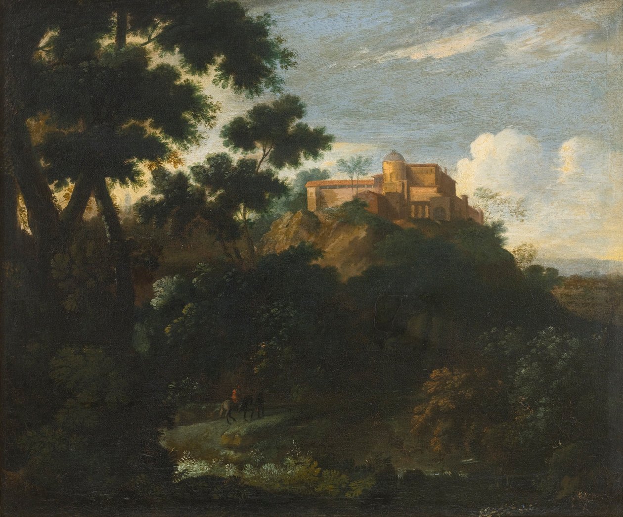 Bewaldete Berglandschaft mit Reisenden auf einem Weg, eine Villa dahinter von Jean Francois Millet