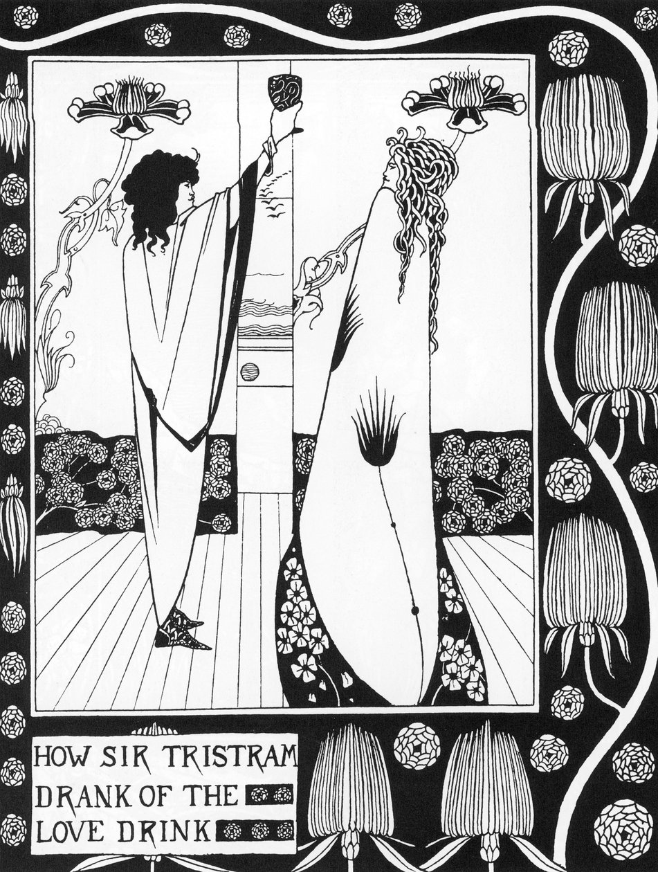 Artus-Sage: Tristan trinkt den Liebestrank Gravur in Die Geschichte von Tristan und seinen Abenteuern, die seine Liebesgeschichte mit Isolde umfasst von Sir Thomas Malory, Ausgabe illustriert von Aubrey Beardsley (1872-1898) 1893-1894 von Aubrey Beardsley