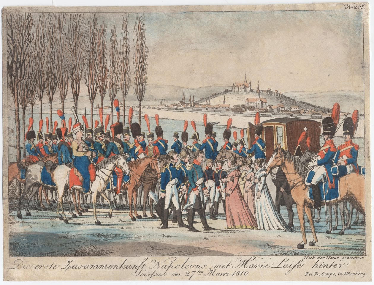 Napoleon stellt Kaiserin Marie-Luise seiner Familie vor, außerhalb des Pavillons bei Soissons von August Friedrich Andreas Campe