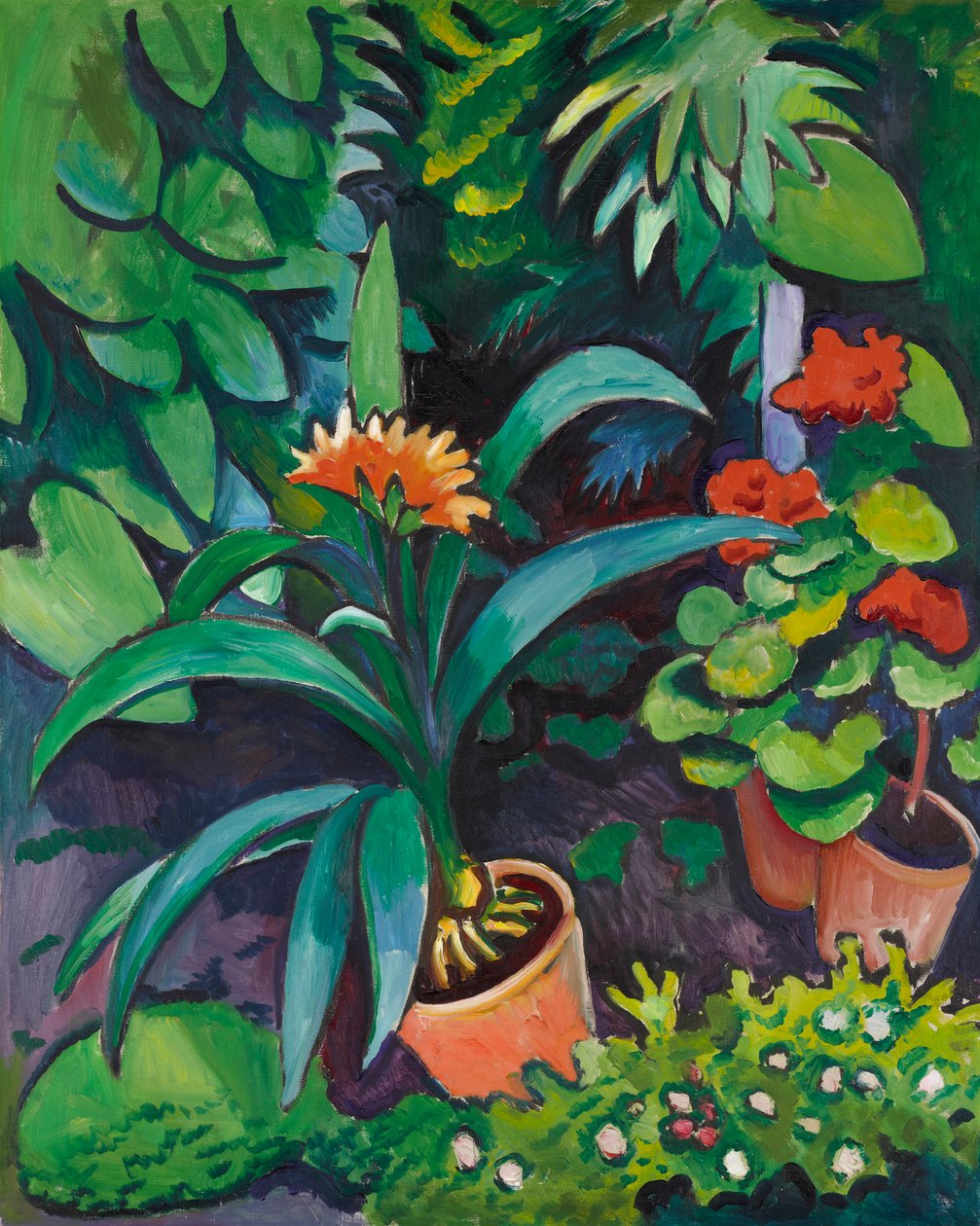 Blumen im Garten, Clivia und Pelargonien von August Macke