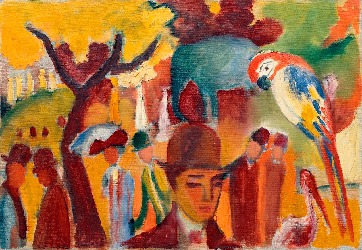 Der kleine zoologische Garten in Braun und Gelb von August Macke