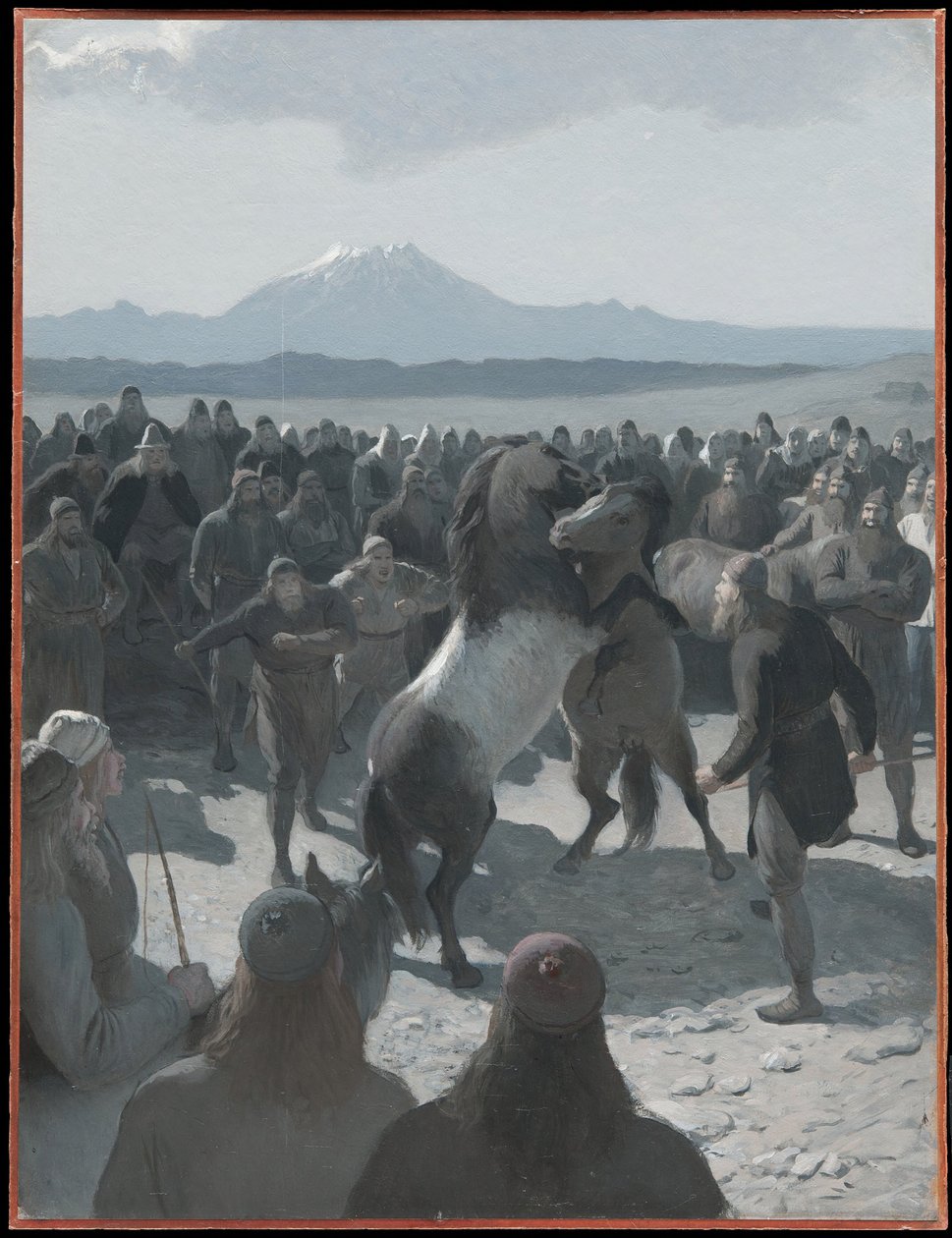 Der Pferdekampf bei Hlidarendi. Illustration für Njals Saga, Kap. 59 von August Malmström