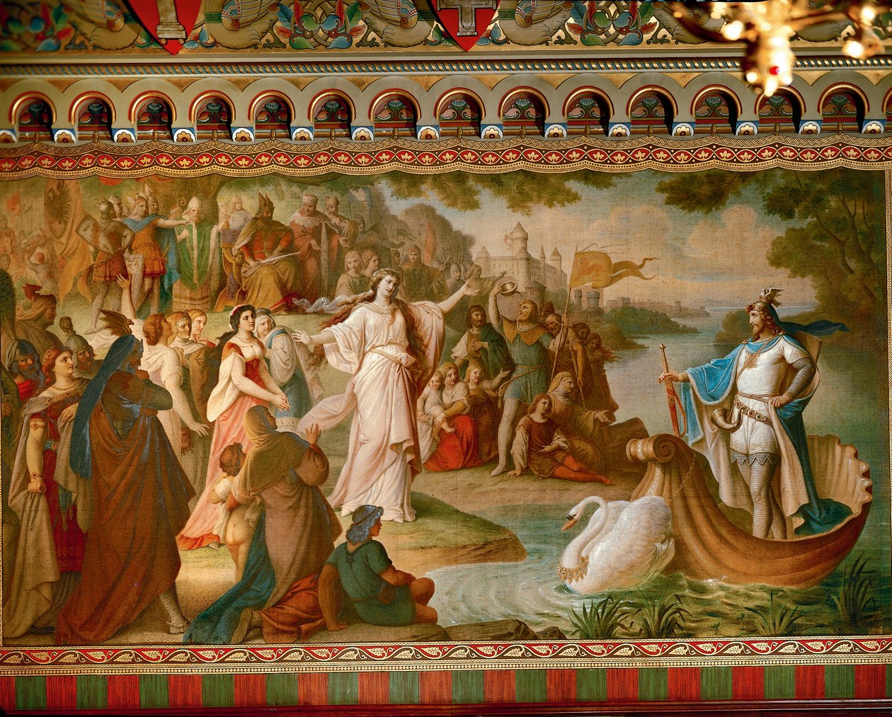 Die Ankunft von Lohengrin in Antwerpen, aus der Lohengrin-Saga, Salon, um 1882-83 von August von Heckel