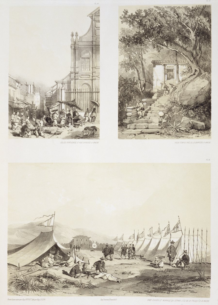 Eine portugiesische Kirche und eine chinesische Straße in Macao, ein alter Tempel in der Nähe der Barriere in Macao und ein chinesisches Lager und die Mauer, die die Insel von der Halbinsel Macao trennt, Platten 14, 15 und 16 von Auguste Borget